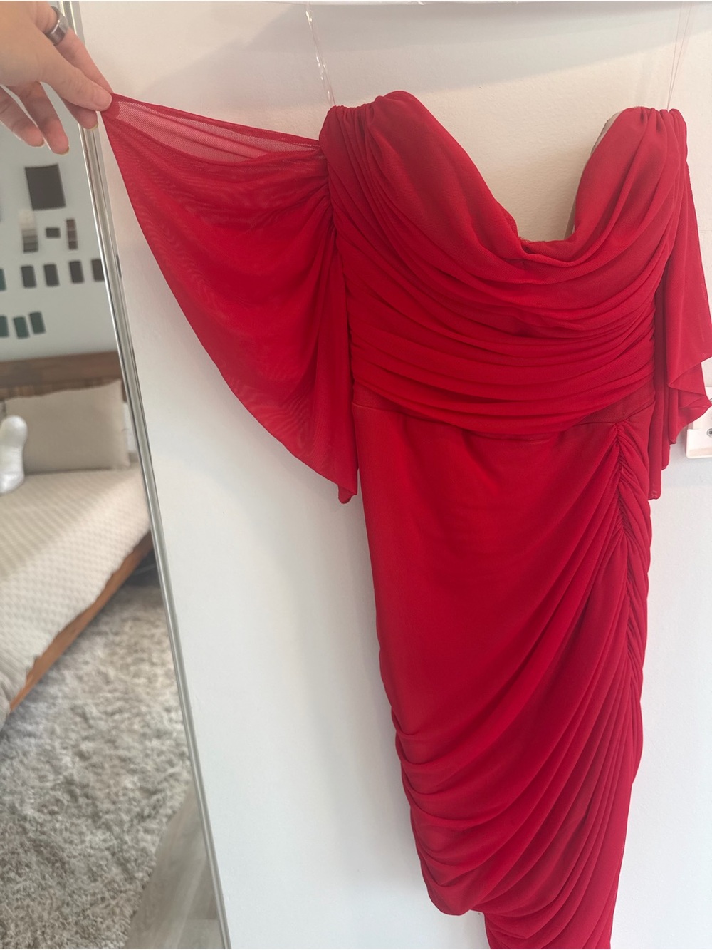 REVOLVE NOOKIE Dita Mesh Gown Red Ruched Off-Shoulder Evening Dress - Picture 7 of 11